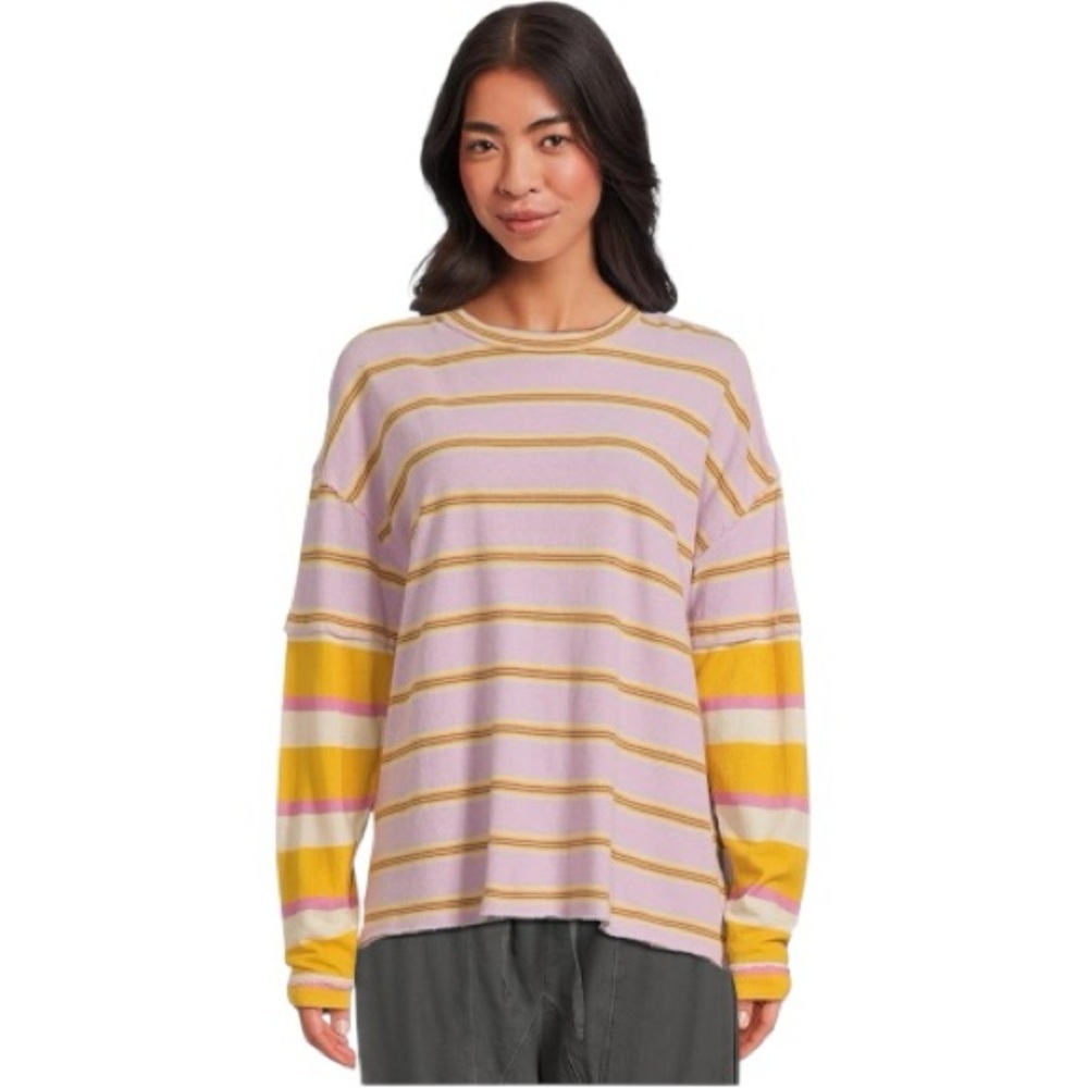 Free People Nina Stripe Long Sleeve Striped Top In Lilac Combo Size Large NWT
